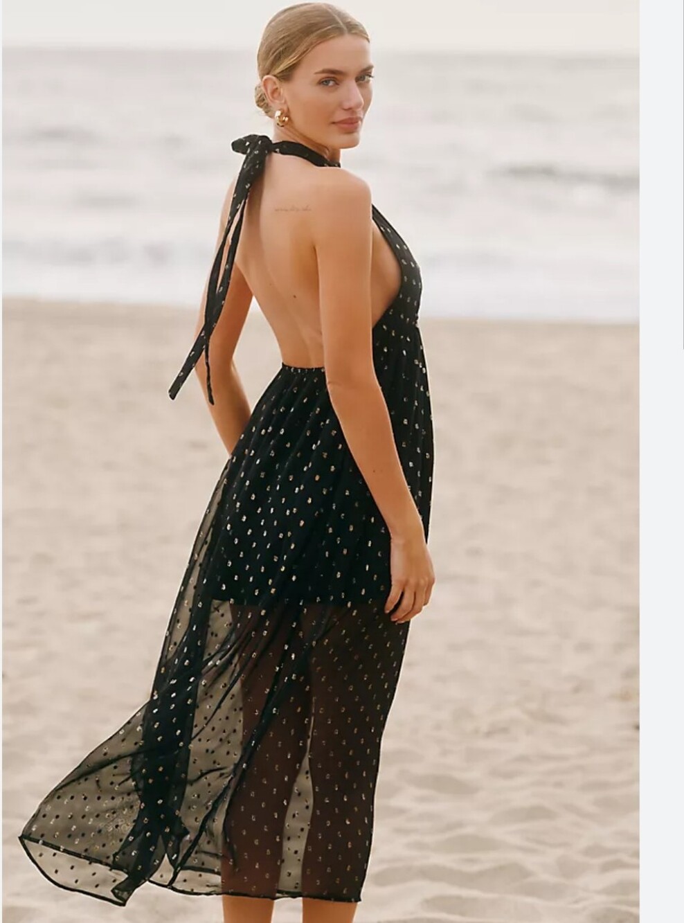 Anthropologie Celandine Beach Disco Plunging Maxi Dress  Black Size Large Nwt